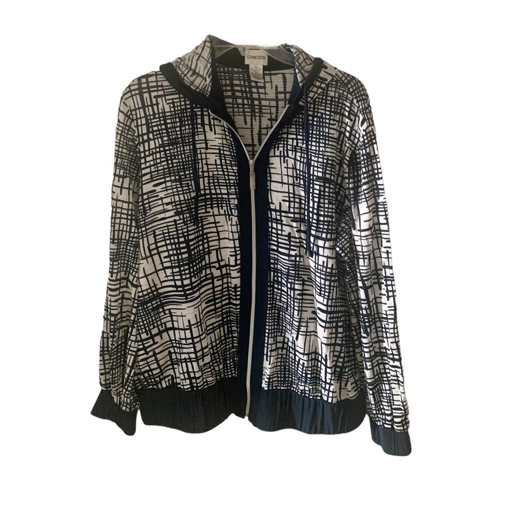 Chico's Travelers Women’s Hoodie Slinky Knit Navy Blue White Size 2